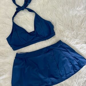 Zaful Navy Blue Halter Bikini Top with Swim Skirt